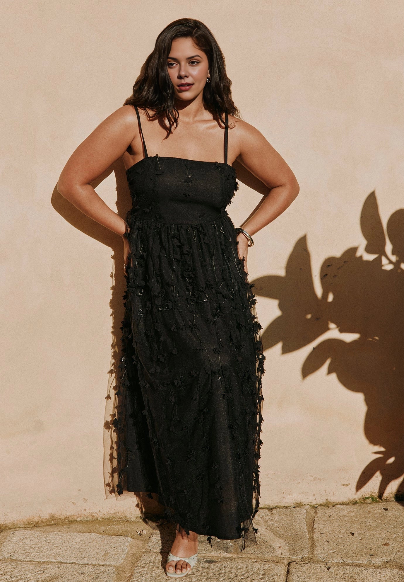 Black 3D Floral Mesh Tie‑Back Spaghetti Strap Midi Plus Size Wedding Guest Dress