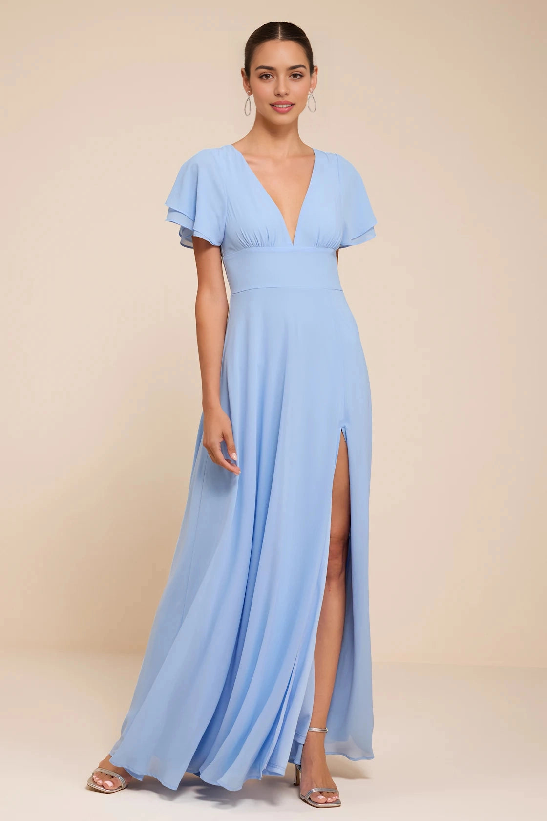 Sage Green A-Line Deep V Flutter Sleeve Tie Back Prom Dress