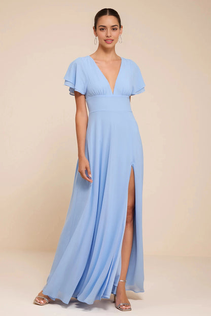 Sage Green A-Line Deep V Flutter Sleeve Tie Back Prom Dress