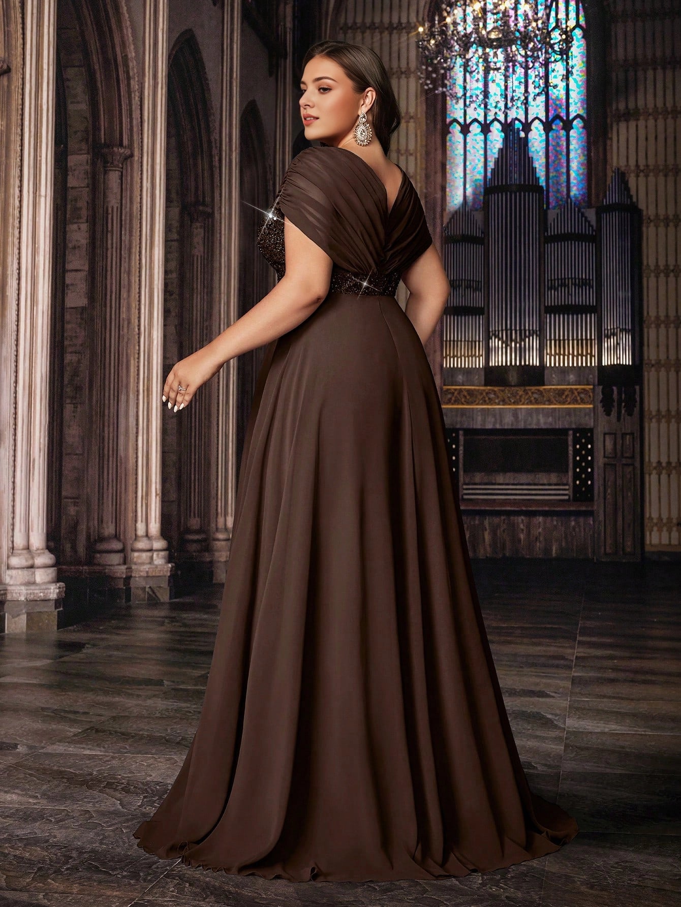 roselledress plus size brown evening dress twist v‑back cape sleeve beaded waist long mother prom gown
