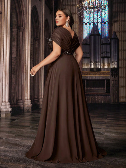 roselledress plus size brown evening dress twist v‑back cape sleeve beaded waist long mother prom gown