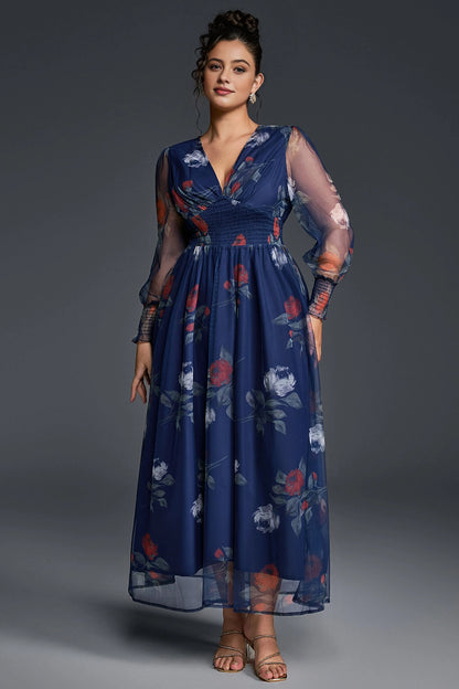 Flowy A-Line Deep V Sheer-Sleeve Plain-Back Midi Plus Size Floral Mother Of Bride Dress