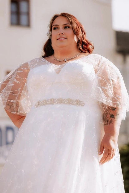 A-Line V-Neck Flutter Short Sleeve Zipper Back Tulle Train Plus Size Wedding Dress