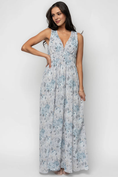 Roselledress light blue floral chiffon bridesmaid dress deep v sleeveless smocked waist maxi front view
