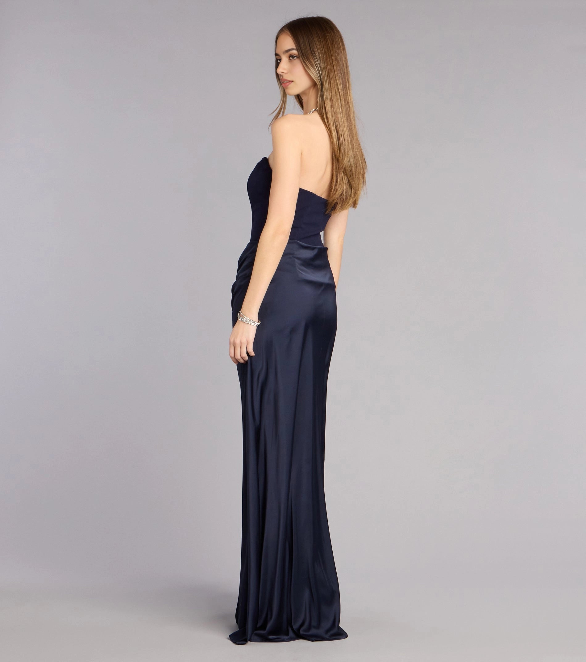 Back view RoselleDress navy strapless draped waist mermaid gown open back floor length evening dress