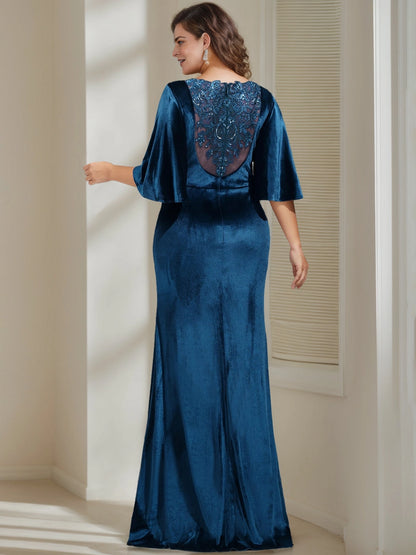 Roselledress velvet mermaid maxi plus size dress back view, sheer lace embroidered scoop back hidden zipper evening gown