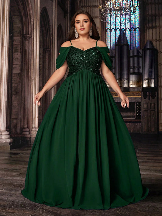 Gorgeous Plus Size A‑Line Off‑Shoulder Cold‑Shoulder Zipper Back Long Prom Dress