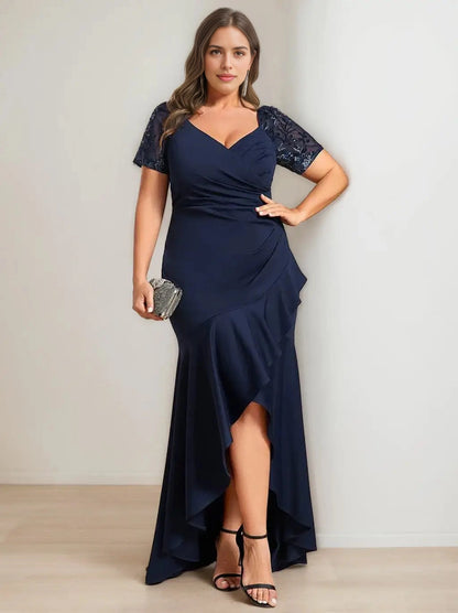 Roselledress navy blue plus size mermaid evening gown lace short sleeve v neck ruched high slit formal dress