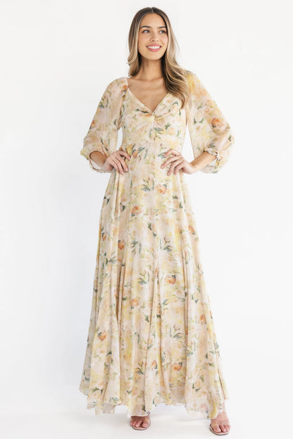 roselledress yellow floral chiffon bridesmaid maxi dress twist v neck puff sleeve garden wedding gown