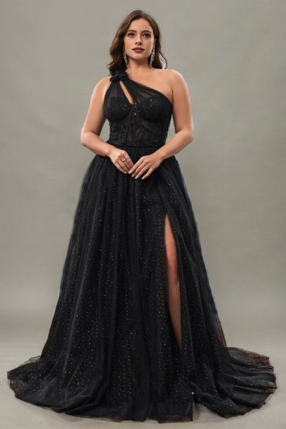 roselledress black plus size prom dress one shoulder corset star tulle formal gown with high slit train