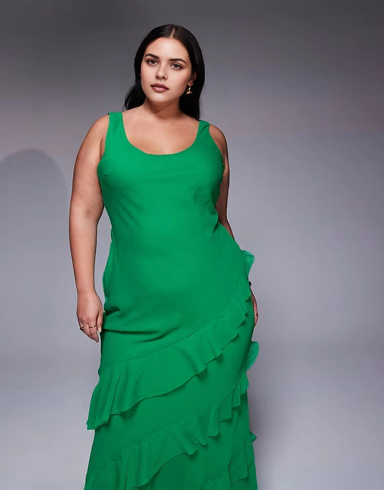 Scoop‑Neck Sleeveless Asymmetrical Ruffle Chiffon Mermaid Maxi Plus Size Wedding Guest Dress