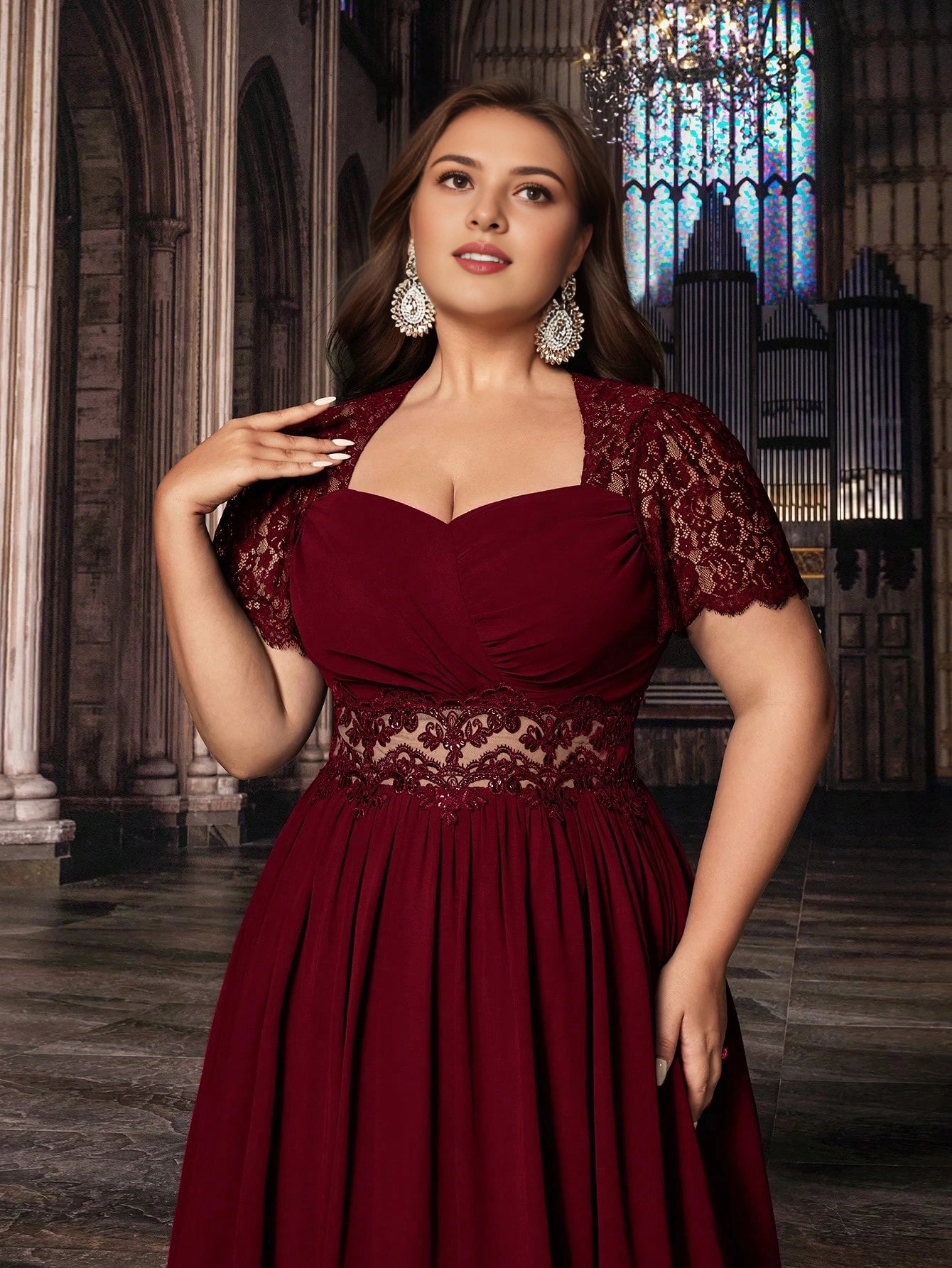 Burgundy Plus Size A‑Line Sweetheart Short‑Lace‑Sleeve Zip‑Back Long Prom Dress