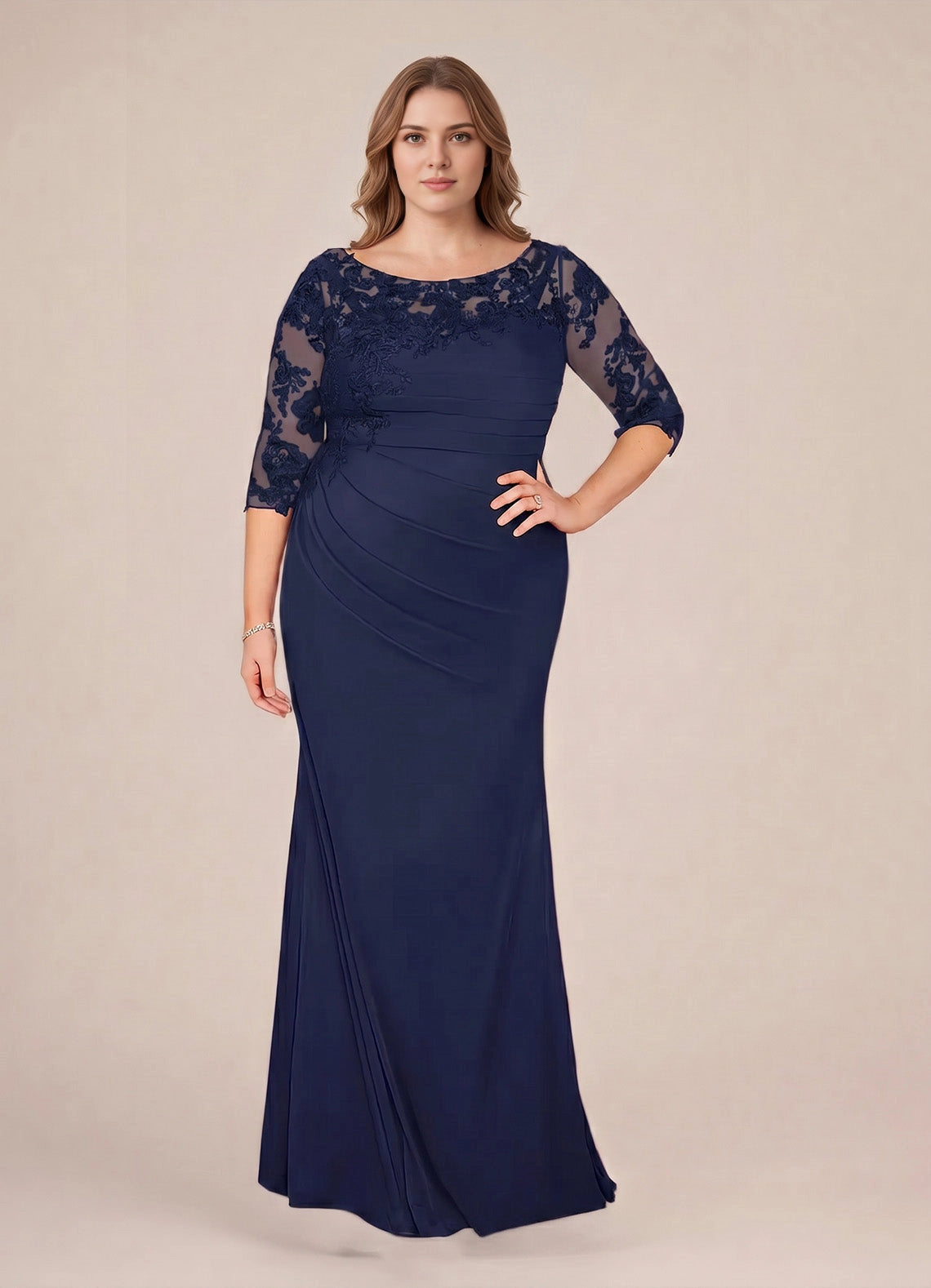 roselledress navy plus size mermaid mother of bride dress bateau lace 3/4 sleeve ruched long gown