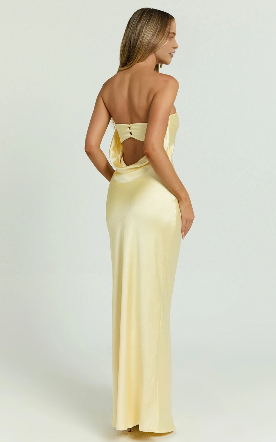 Roselledress cowl back strapless plus size maxi dress back view, button detail satin bridesmaid dress
