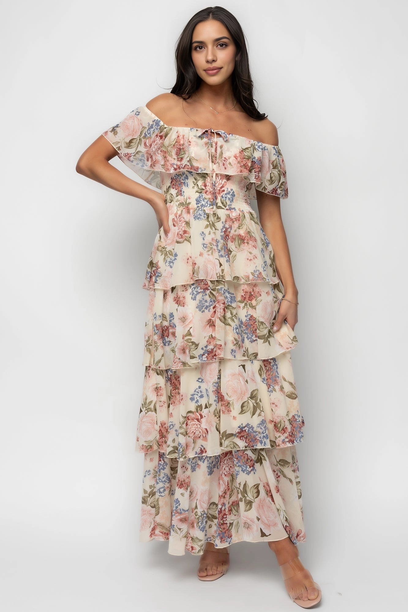 Romantic Tiered Off-Shoulder Short-Sleeve Solid-Back Floor-Length Floral Plus Size Mother Of Bride Dress