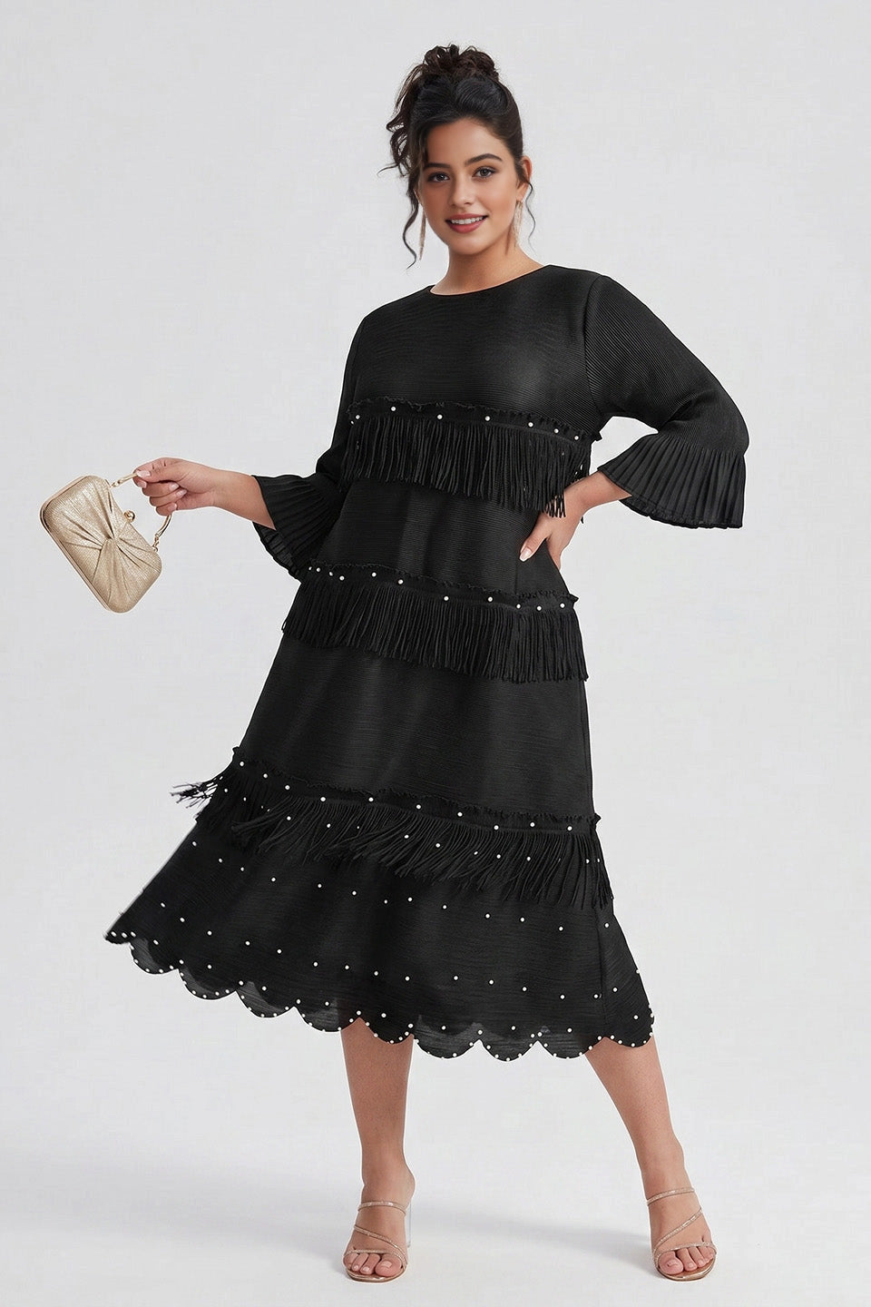 roselledress black plus size midi dress round neck pleated bell sleeve fringe rhinestone casual party shift dress
