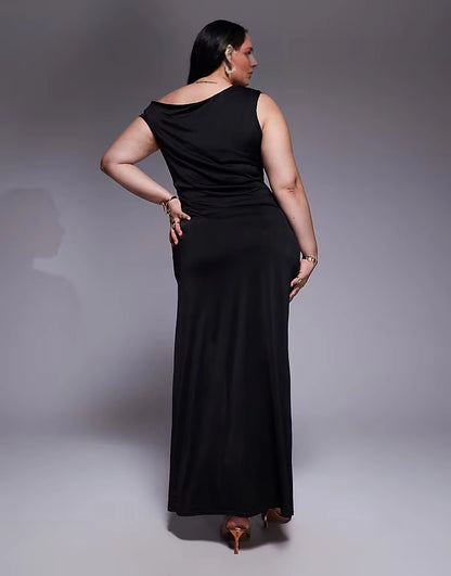 Roselledress plus size black draped back one‑shoulder maxi wedding guest formal dress back view