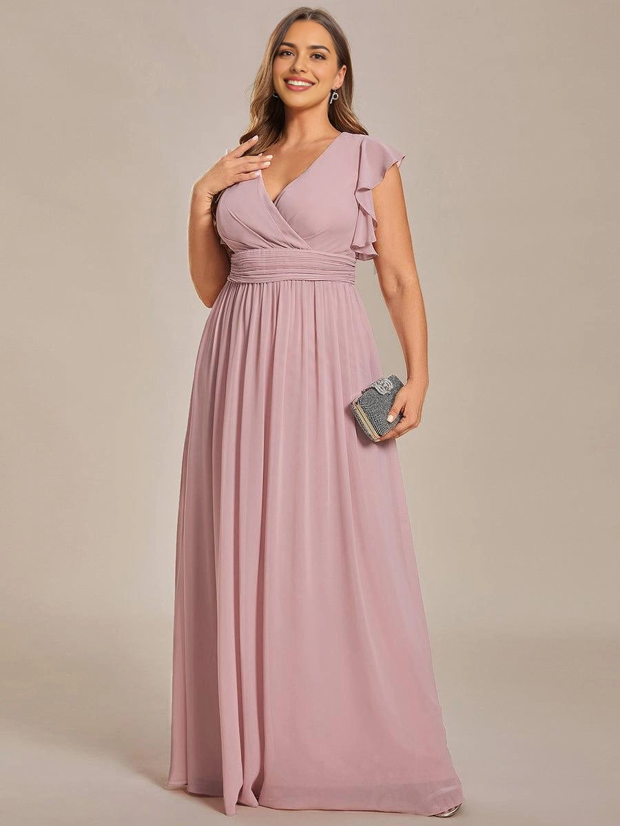 Roselledress Soft Nude Plus Size A Line V Neck Flutter Sleeves Heart Cutout Back Maxi Weeding Guest Dress