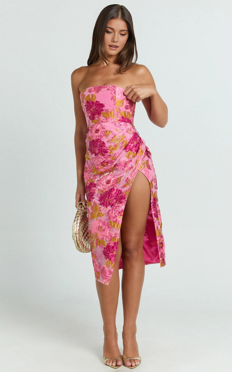 Bodycon Strapless Straight Neck Back Zipper Floral Ruched Side Slit Plus Size Midi Wedding Guest Dress