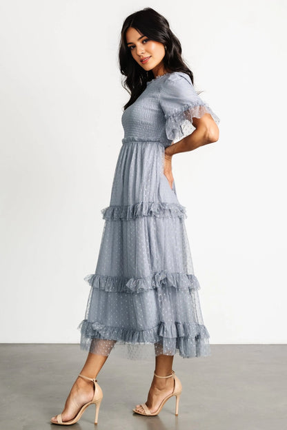 Charming A-Line Round Neck Ruffle-Sleeve Keyhole-Back Midi Mother Of Bride Dress