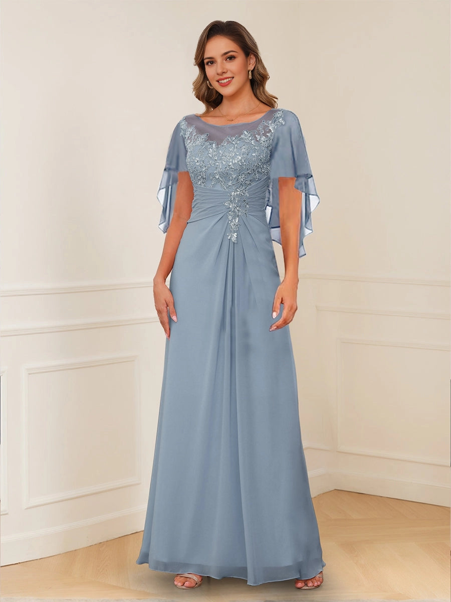 Roselledress dusty blue plus size bateau lace mother dress flutter sleeve ruched floor length formal gown
