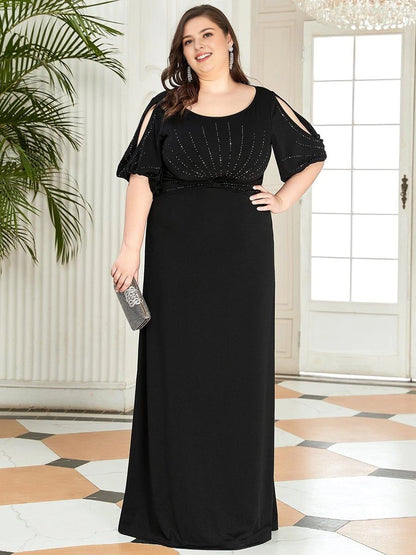 roselledress black plus size beaded wedding guest gown scoop neck cutout sleeve maxi formal dress