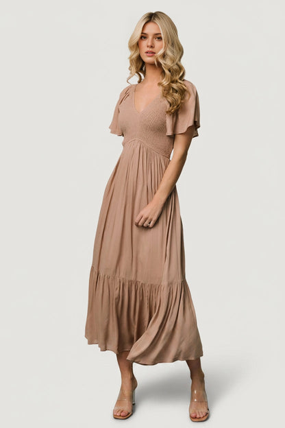 Soft A-Line V-Neck Flutter-Sleeve Smocked-Back Midi Mother Of Bride Dress