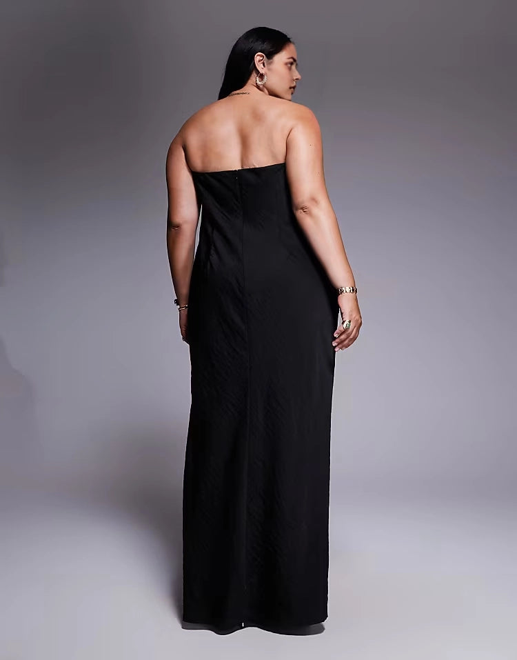Roselledress plus size black strapless zip‑back maxi formal wedding guest dress back view