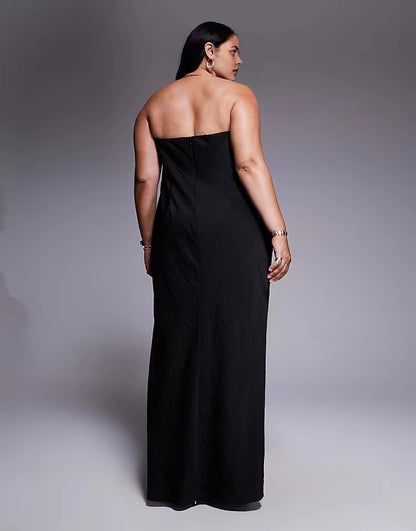 Roselledress plus size black strapless zip‑back maxi formal wedding guest dress back view