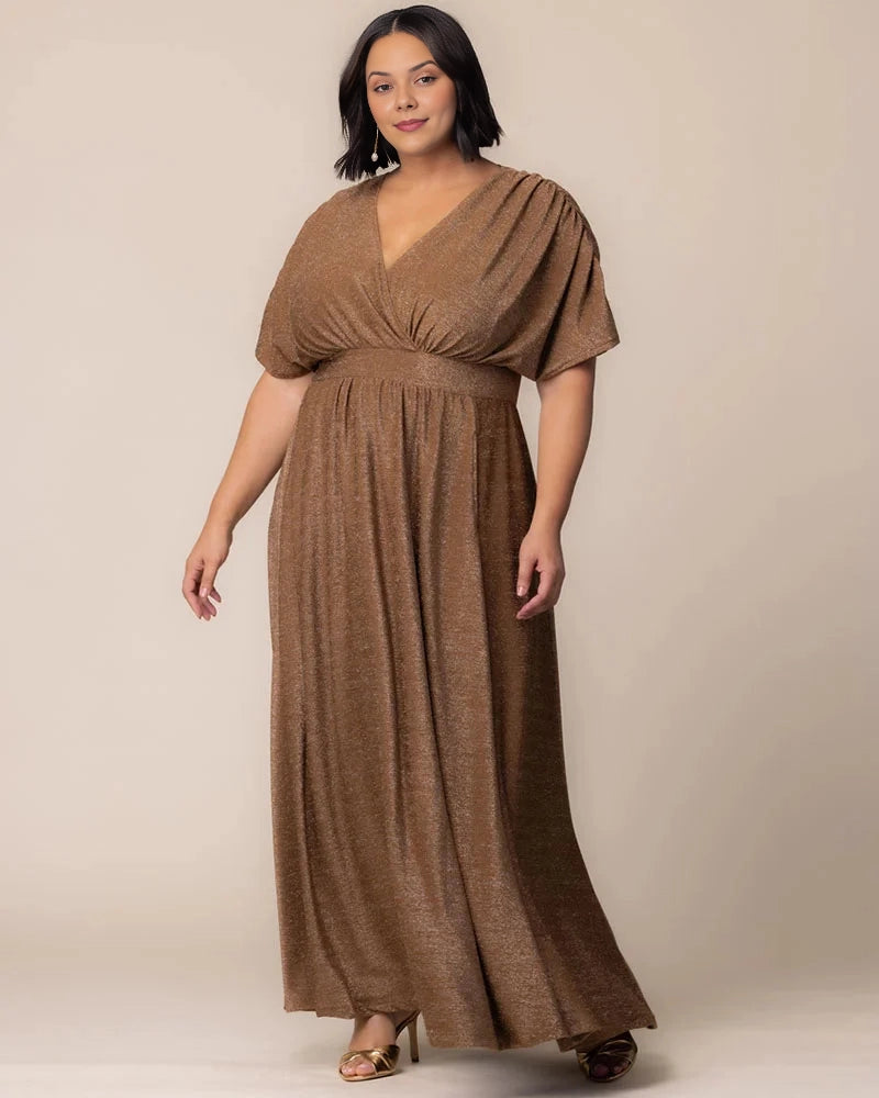 Bronze Shimmer Dolman Sleeve V‑Neck Maxi Plus Size Wedding Guest Dress