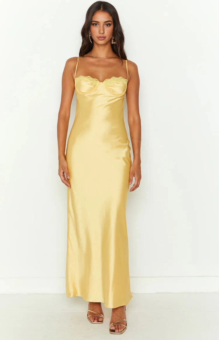 Lemon Yellow Slip Sweetheart Spaghetti Strap Open Back Long Prom Dress