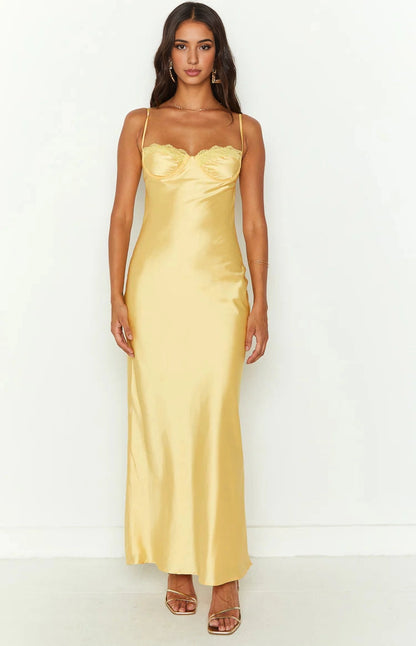 Lemon Yellow Slip Sweetheart Spaghetti Strap Open Back Long Prom Dress