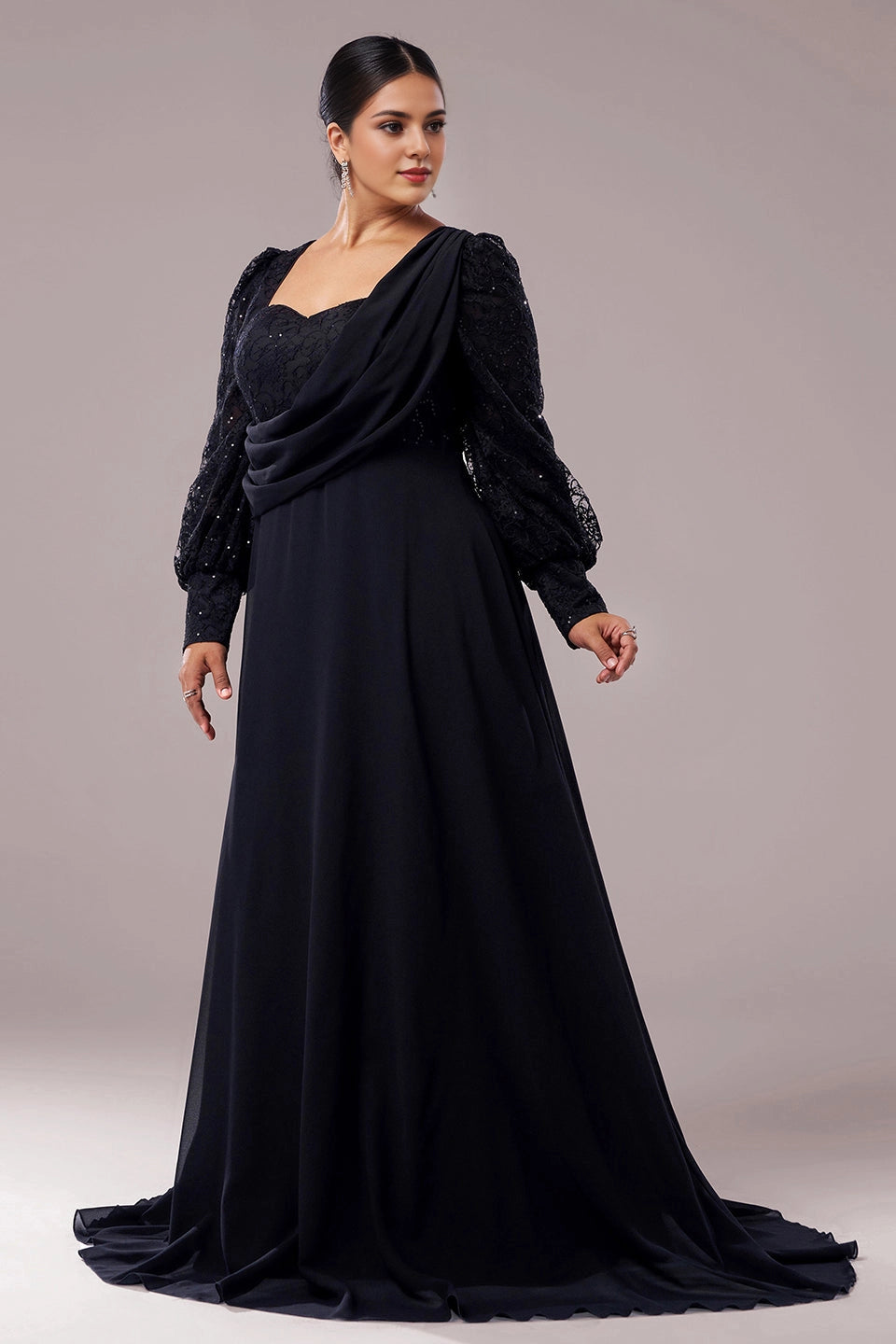Plus Size Black A‑Line Draped‑Neck Lace‑Long‑Sleeve Round‑Back Train‑Length Prom Dress
