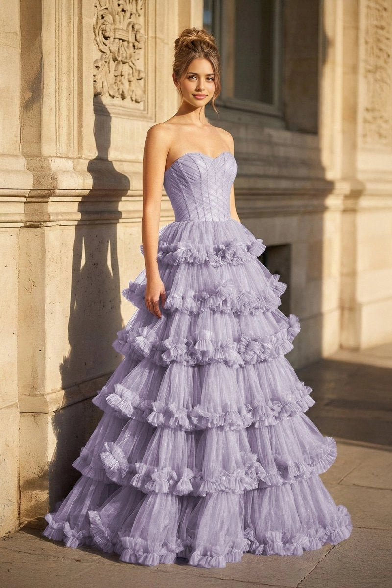 Roselledress lavender tiered tulle bridesmaid dress sweetheart strapless ruffle cake skirt fairytale wedding gown