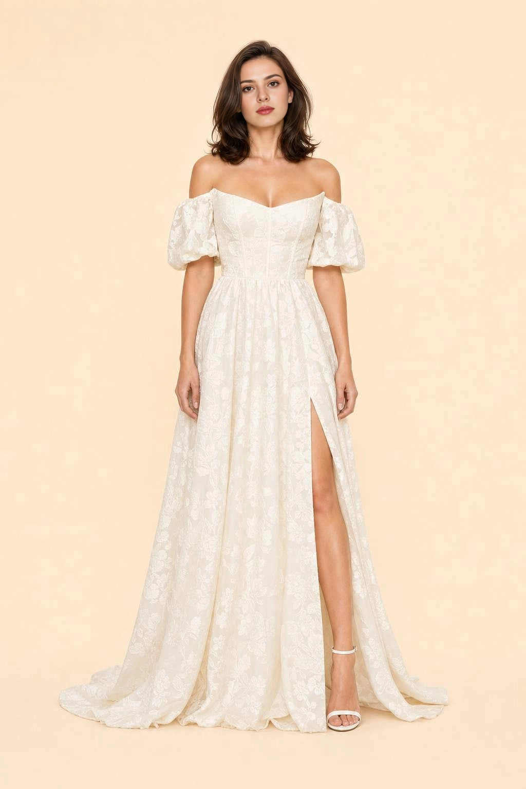 A-Line Off Shoulder Puff Sleeve Button Back Slit Train Plus Size Wedding Dress