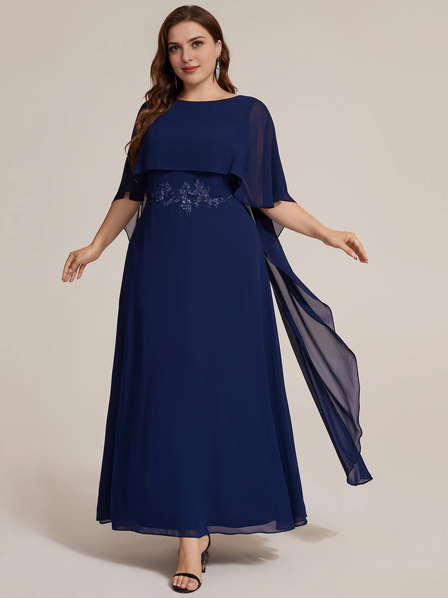 Roselledress Dusty Pink A Line Boat Neck Cape Sleeve Tie Back Floor Length Plus Size Wedding Guest Dress