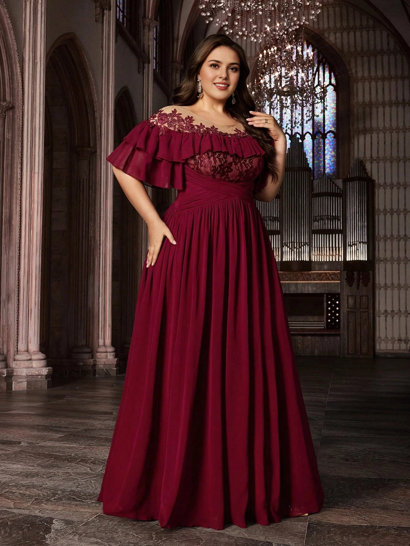 Burgundy Plus Size A‑Line Off‑Shoulder Ruffle‑Short‑Sleeve Illusion‑Back Floor‑Length Prom Dress