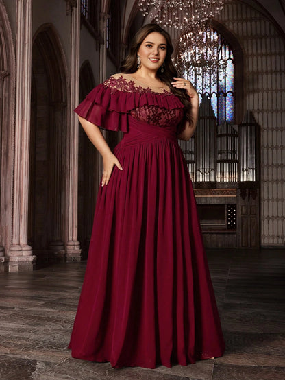 Burgundy Plus Size A‑Line Off‑Shoulder Ruffle‑Short‑Sleeve Illusion‑Back Floor‑Length Prom Dress