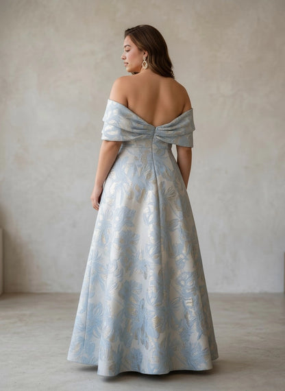 Roselledress floral jacquard formal gown plus size ruched v back zipper wedding guest long dress back view