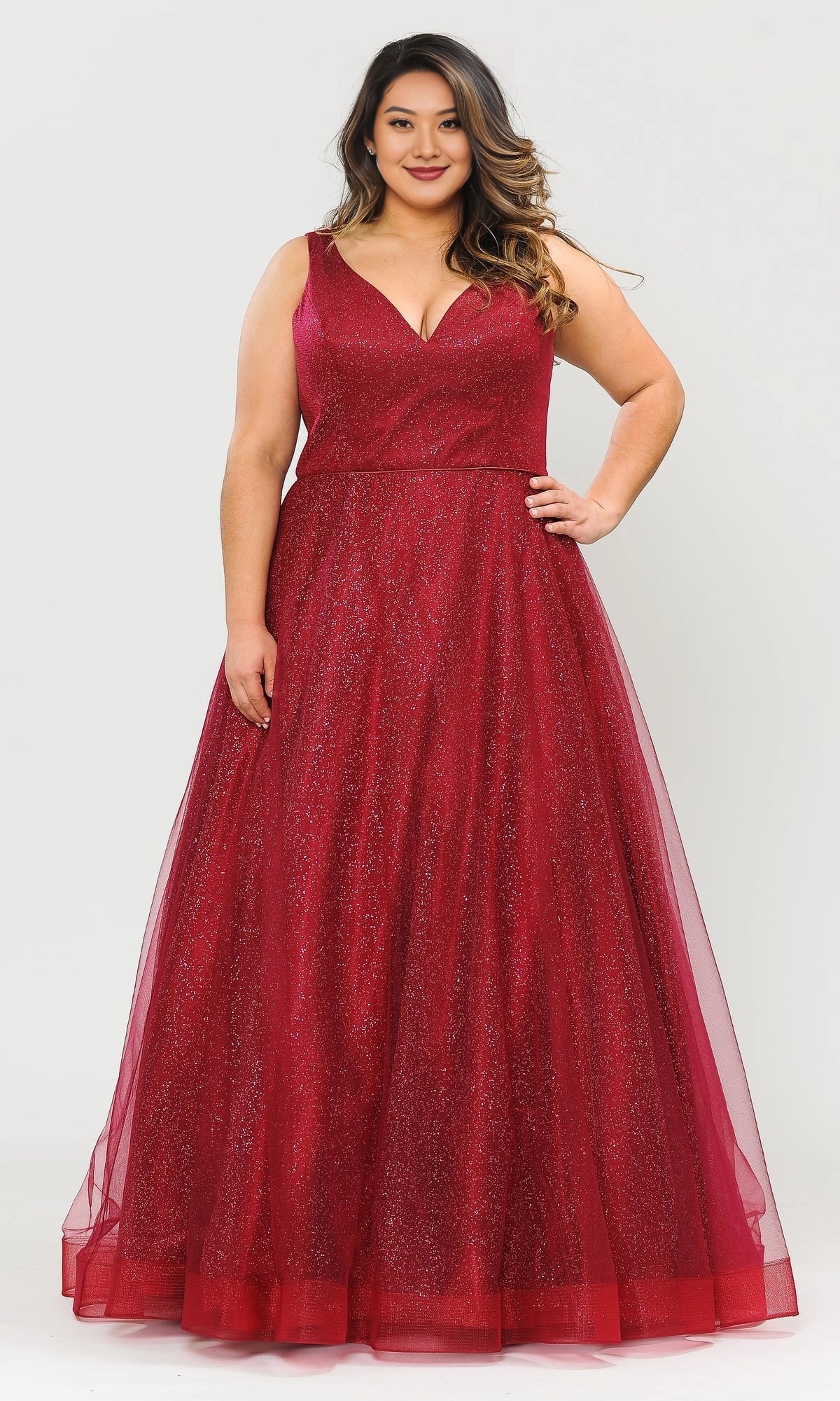 Glitter A-Line V-Neck Sleeveless Lace-Up Back Floor Length Plus Size Tulle Prom Dress