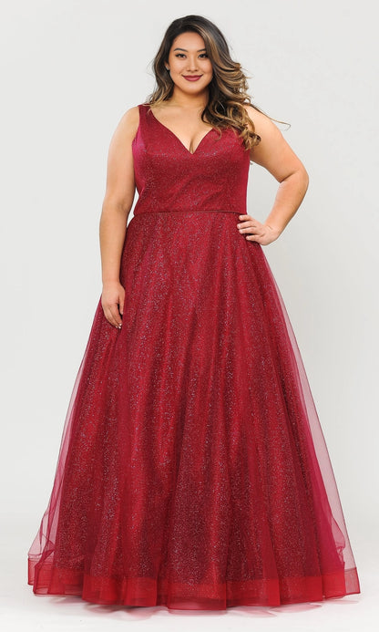 Glitter A-Line V-Neck Sleeveless Lace-Up Back Floor Length Plus Size Tulle Prom Dress