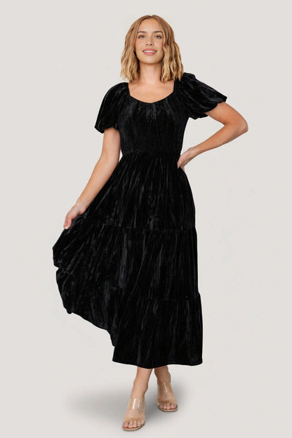 Roselledress black velvet tiered midi mother of the bride dress square neck puff short sleeve front view