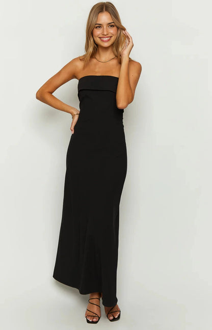 Black Sheath Strapless Tube Cowl Back Long Prom Dress