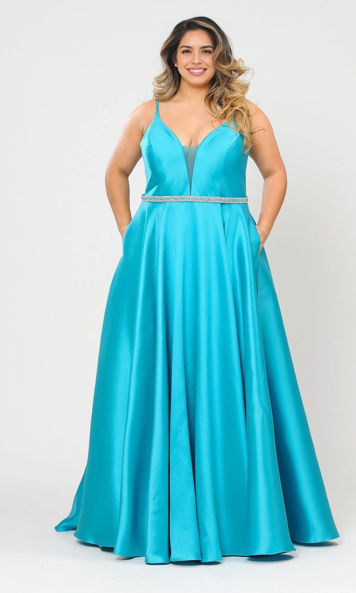 Navy Plus Size A-Line V Neck Spaghetti Strap Lace Up Back Long Prom Dress