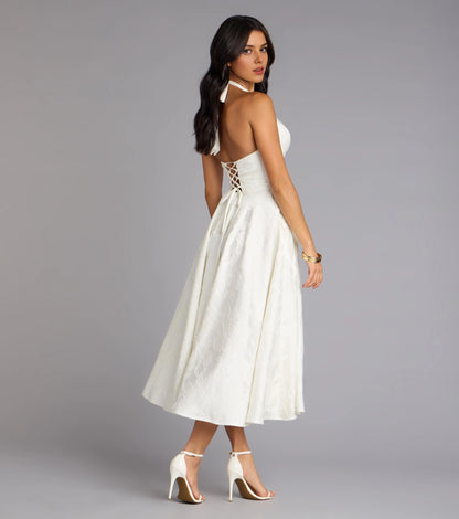 Roselledress Soft A-Line Halter V Neck Lace-Up-Back Midi Tea Length Plus Size Prom Dress