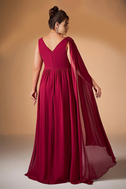 roselledress plus size burgundy chiffon formal dress v-back sleeveless flowing cape evening gown