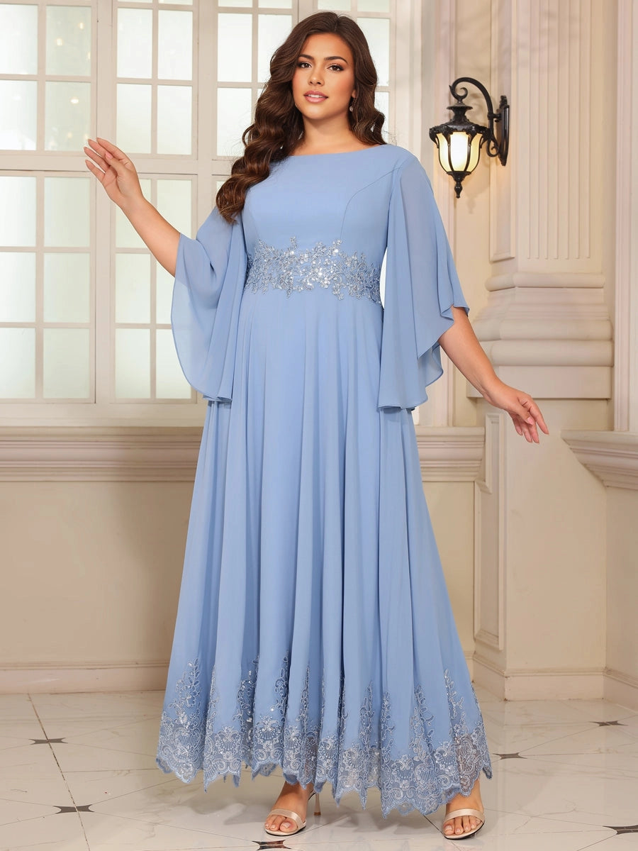 Graceful A‑Line Bateau Cape‑Sleeve V‑Back Zip‑Back Floor‑Length Plus Size Mother of the Bride Dress