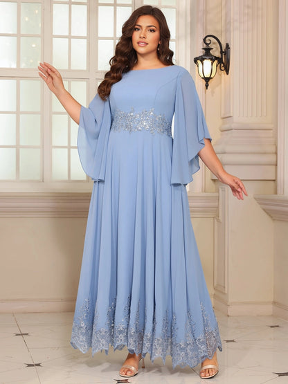Graceful A‑Line Bateau Cape‑Sleeve V‑Back Zip‑Back Floor‑Length Plus Size Mother of the Bride Dress