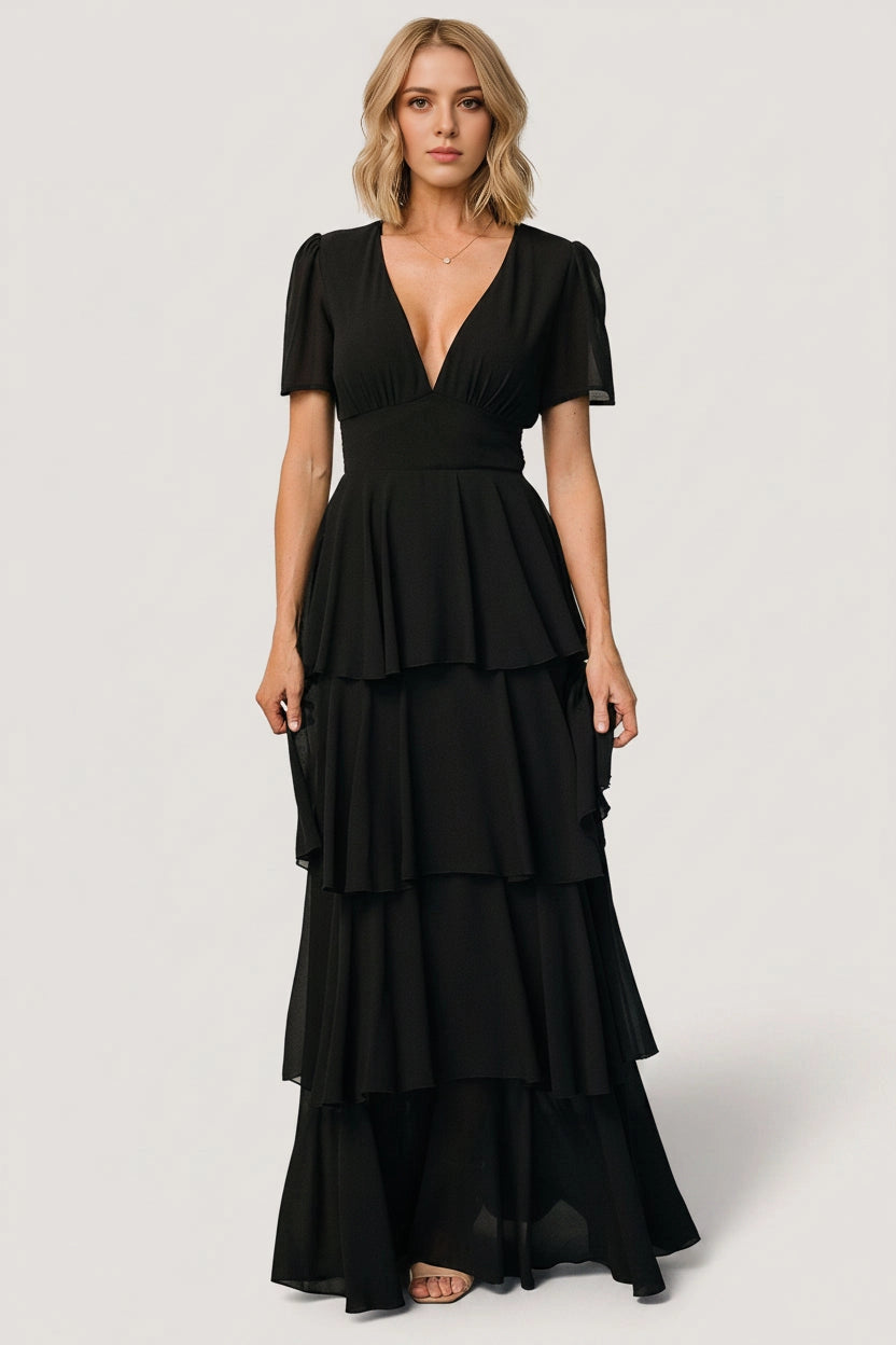 Tiered A-line V-Neck Short Sleeve Smocked-Back Maxi Mother Of Bride Dress