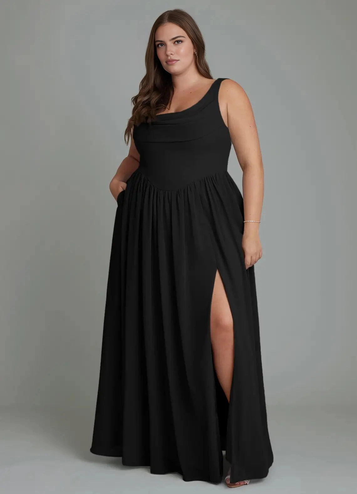 Roselledress Elegant A-Line Cowl Neck Sleeveless Draped Back Maxi Plus Size Bridesmaid Dress